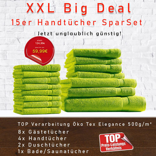 APFELGRÜN Handtücher 15er Kombi Sparset jetzt unglaublich günstig! Öko Tex Elegance 500g