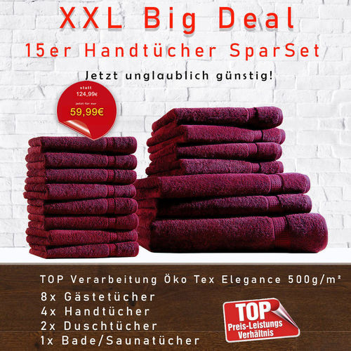 BORDEAUX Handtücher 15er Kombi Sparset jetzt unglaublich günstig! Öko Tex Elegance 500g