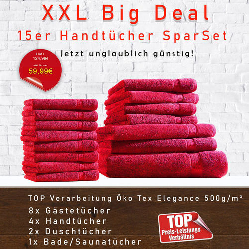 ROT Handtücher 15er Kombi Sparset jetzt unglaublich günstig! Öko Tex Elegance 500g