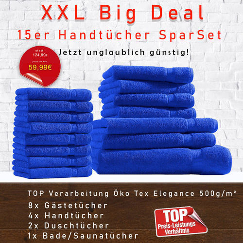 ROYALBLAU Handtücher 15er Kombi Sparset jetzt unglaublich günstig! Öko Tex Elegance 500g
